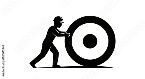 Businessman pushing wheel, effort concept, hard work icon, motivation symbol