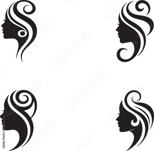 Black vector art illustration of a floral woman and girl silhouette featuring tribal leaf patterns and swirl hair elements for nature style tattoo design