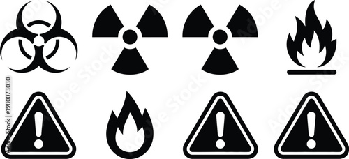Warning symbols, hazard icons, biohazard signs, radiation and fire danger marks