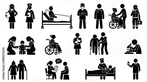 Healthcare workers helping patients in hospital.