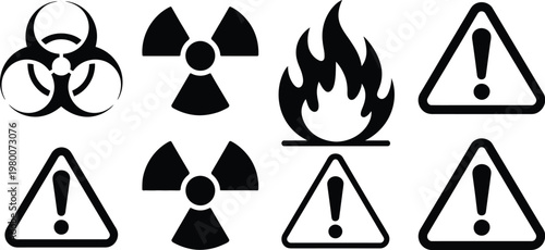 Warning signs, hazard symbols, biohazard icons, radiation and fire danger labels, 8 black vector graphics