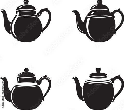 A traditional ceramic teapot and cups set featuring isolated porcelain objects for a hot breakfast beverage in the kitchen