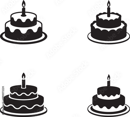 A happy set of birthday cake vector illustrations featuring chocolate and pink cream pastry desserts with glowing candle flames for a fun party celebration or anniversary holiday