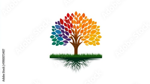 Colorful tree illustration with vibrant leaves and visible roots
