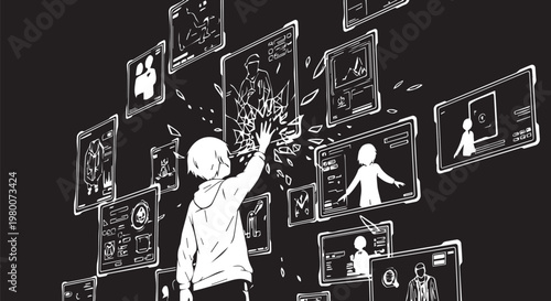 Black and white illustration of person interacting with digital screens, futuristic technology concept, social media interface, virtual reality experience
