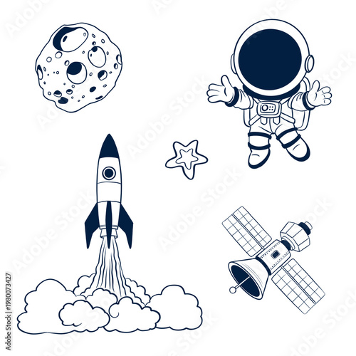 Space journey with a rocket, astronaut, satellite, and asteroid in a sky setting