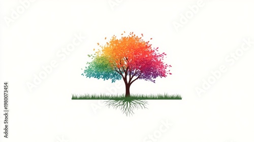 Colorful tree illustration with vibrant leaves and visible roots