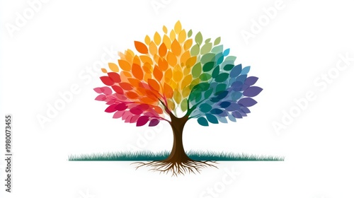 Colorful tree illustration with vibrant leaves and grassy base