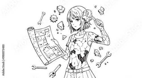Cartoon woman engineer, industrial blueprint, tools, mechanical design