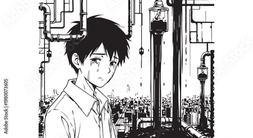 Anime style man, industrial background, black and white illustration, manga character, urban scenery