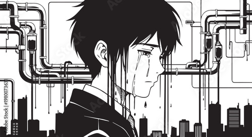 Cyberpunk man, futuristic cityscape, industrial pipes, black and white vector, sci-fi background