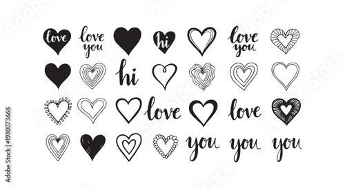 Collection of hand drawn heart shapes with love lettering for romantic wedding invitation and valentines day greeting card.