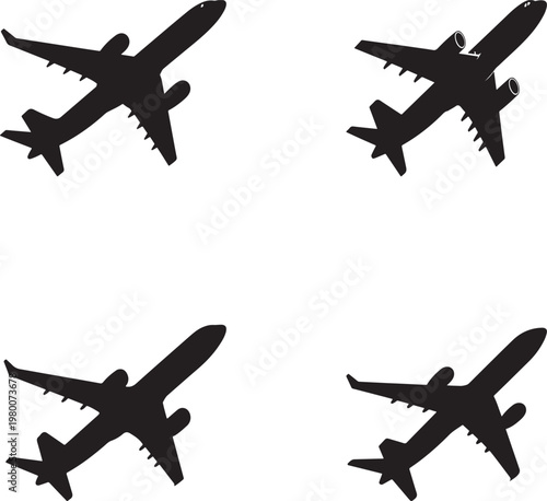 Collection of aircraft silhouettes and vector plane icons featuring various jet designs for air travel and aviation flight transportation