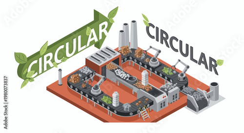 Circular Economy Concept Illustrated with Industrial Factory and Recycling Symbols