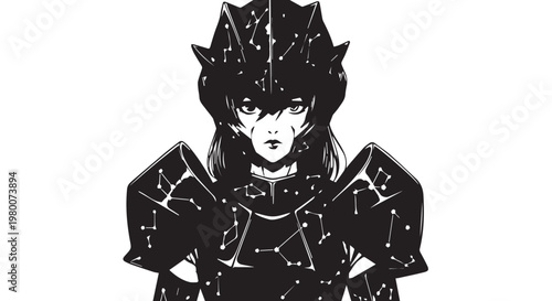 Black and white manga warrior illustration, anime character design, comic book art, vector graphic
