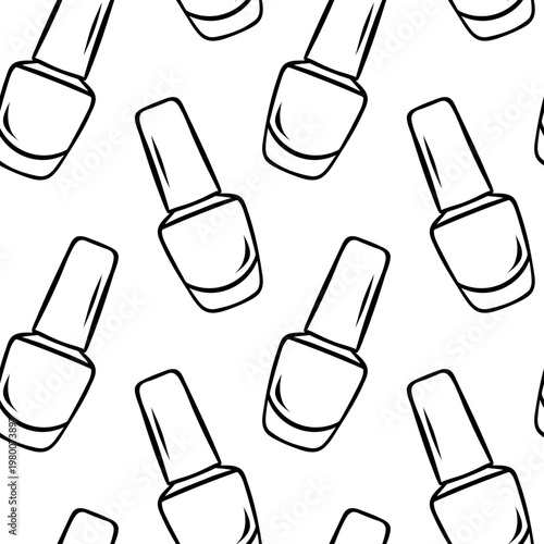 Nail polish bottle, simple black and white sketch pattern. Hand-drawn repeating design for beauty packaging, nail salon branding or cosmetic product labels
