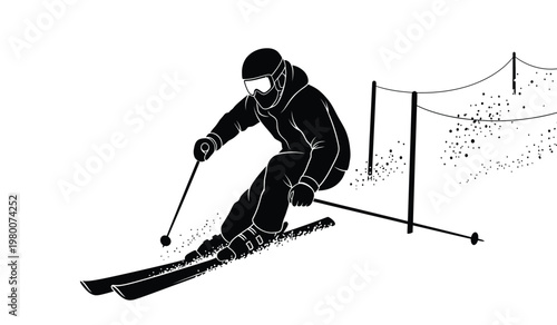 A dynamic depiction of a skier navigating a slalom course captured in a striking black and white silhouette high quality professional detailed modern elegant