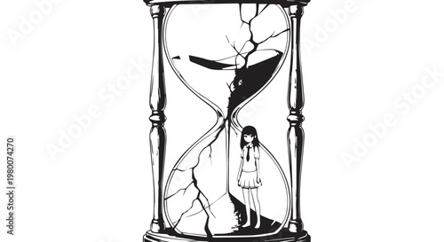 Cracked hourglass, broken time, girl trapped, surreal vector illustration, black and white