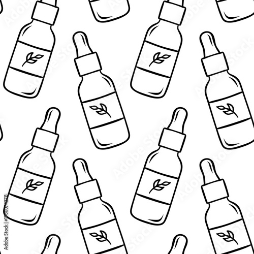 Facial serum bottle, simple black and white sketch. Hand-drawn skincare pattern for beauty branding or cosmetic packaging