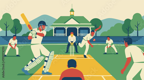 Photos Vibrant illustration of a cricket match with players and pavilion