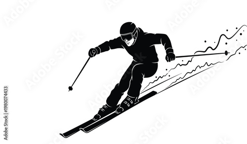 A dynamic depiction of a downhill skier in motion captured with sweeping lines and a striking black silhouette high quality professional detailed modern elegant
