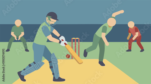 Photography Flat design illustration of a cricket game in progress with players
