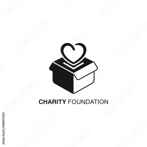 Charity foundation black icon featuring heart rising from open box silhouette.
