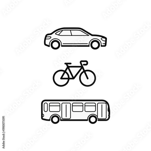 Transportation Icons Set Vector – Car, Bicycle and Bus Line Art Illustration