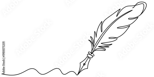 Elegant line drawing of a quill pen with a feather nib writing a wavy line on a white background. Vector, illustration