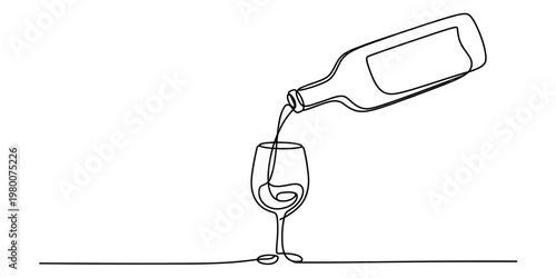 Continuous line drawing of a wine bottle pouring liquid into a glass against a white background Vector, illustration
