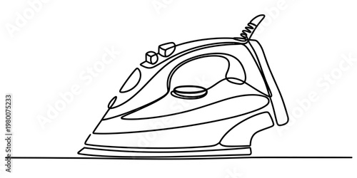 A continuous one line drawing of a modern steam iron on a white background for domestic use Vector, illustration
