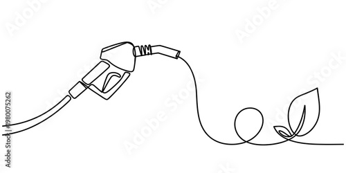 Continuous one line drawing of a gas pump nozzle connected to green leaves for biofuel concept. Vector, illustration