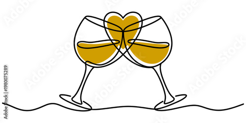 Continuous line drawing of two wine glasses clinking with a heart shape in the center. Vector, illustration