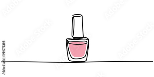 Minimalist continuous line drawing of a pink nail polish bottle on a white background. Vector, illustration