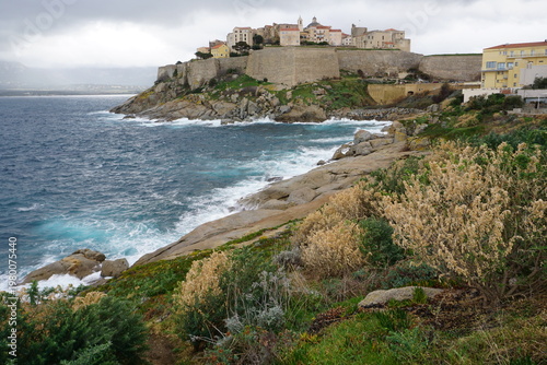 view of the coast of the mediterranean sea by the town of calvi, corsica, france