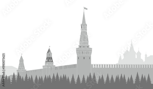 A minimalist grayscale depiction of the moscow kremlin featuring its iconic spires and walls presented as a striking silhouette high quality professional detailed modern