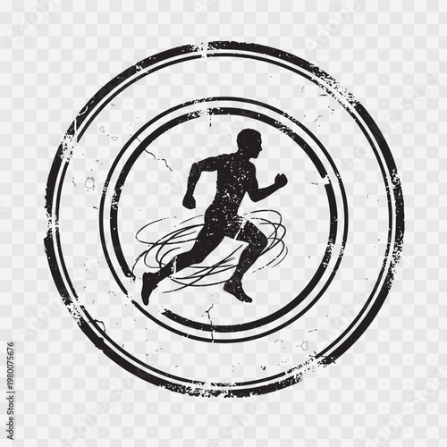 A Boston Marathon runner silhouette sprints within a distressed circular stamp on transparent background.