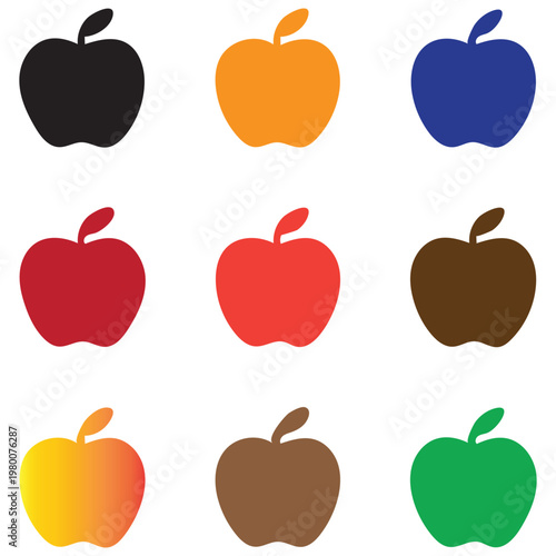 Colorful Apple Icons Set – Black, Orange, Blue, Red, Brown, Yellow Gradient and Green Fruit Vector Illustrations on White Background