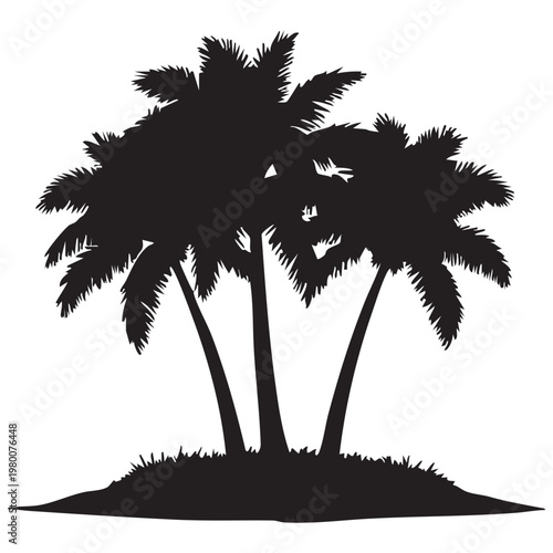 Black Silhouette Palm Trees on Small Island – Tropical Beach Vector Illustration on White Background