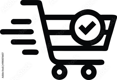 Simple Black Shopping Cart Icon with Wheels, Minimalist Vector Art for Commerce