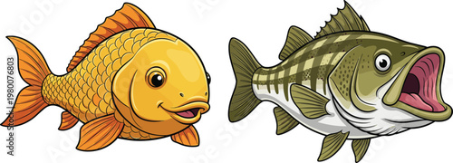 Cartoon Freshwater Fish Set with Goldfish and Bass Species, Detailed Aquatic Animal Vector Illustration for Fishing, Nature, Wildlife, and Educational Design