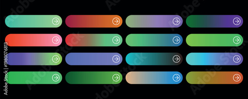 Modern gradient web buttons set,  colorful UI call to action elements, vibrant rounded navigation bars for app design and software interfaces