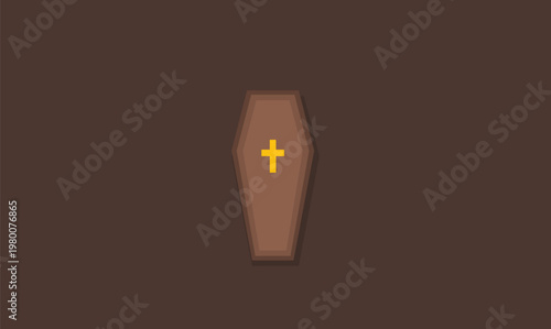 Wooden coffin with gold cross icon, brown casket vector illustration, funeral and burial symbol, christian death and mourning concept