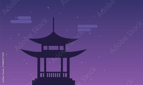 Japanese pagoda silhouette at night, traditional oriental temple architecture under starry sky, purple twilight landscape vector illustration