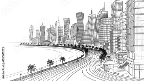 Modern coastal city skyline with curved waterfront road and dense skyscrapers detailed urban architectural line illustration