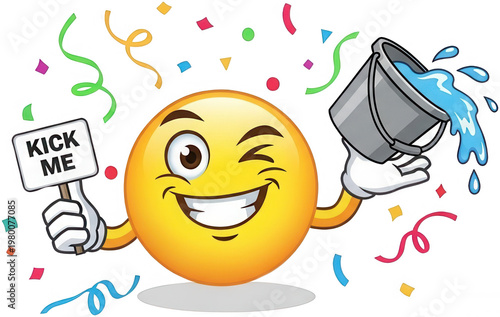 Mischievous Emoji png Winking Emoticon cutout Happy Smiley png April Fool's Prank cutout Water Bucket png Confetti Decoration cutout Trickster Character png isolated transparent background image