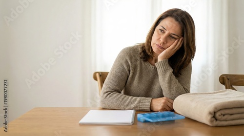 Brazilian middle-aged woman caregiver stress and fatigue at home table