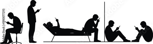 smartphone addiction silhouettes, people using mobile devices vector illustration, social media dependency concept, screen time behavior, black shadow figures isolated