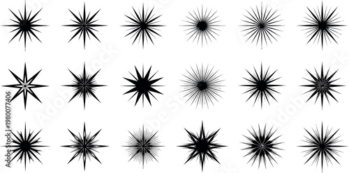 A collection of 20 unique starburst designs in black on a white background