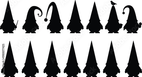 gnome silhouettes set, vector collection, cute garden dwarf characters, black shadow figures, whimsical fantasy icons, isolated illustration for design